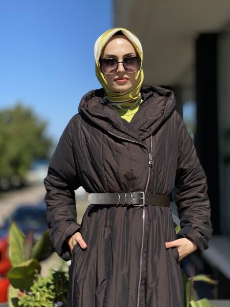 MİSSWHENCE Fermuarlı Uzun Pardesü 34525 KAHVERENGİ - 44