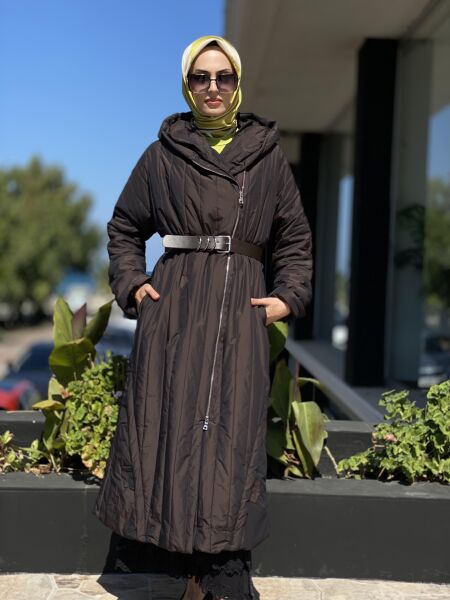 MİSSWHENCE Fermuarlı Uzun Pardesü 34525 KAHVERENGİ - 44