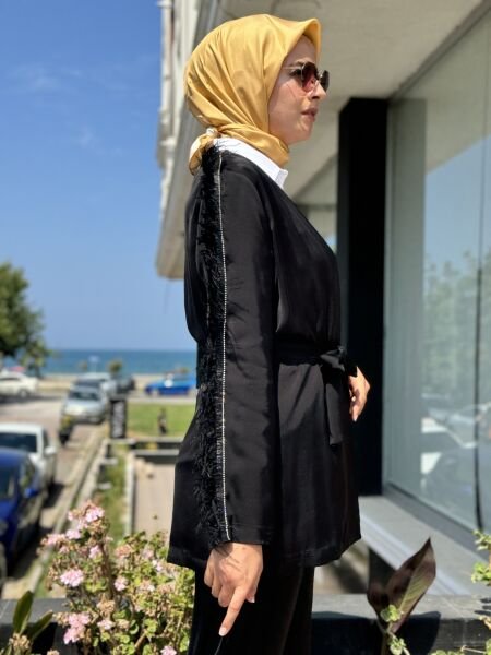 Lisa Kol Ve Omuz Detaylı Şık Siyah Ceket Pantolon Takım 3008