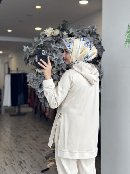 Gırasolem Luxury Kapüşonlu Yanları Fermuarlı Tunik Pantolon Takım EKRU - 38