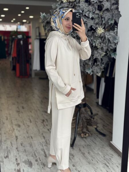 Gırasolem Luxury Kapüşonlu Yanları Fermuarlı Tunik Pantolon Takım EKRU - 38