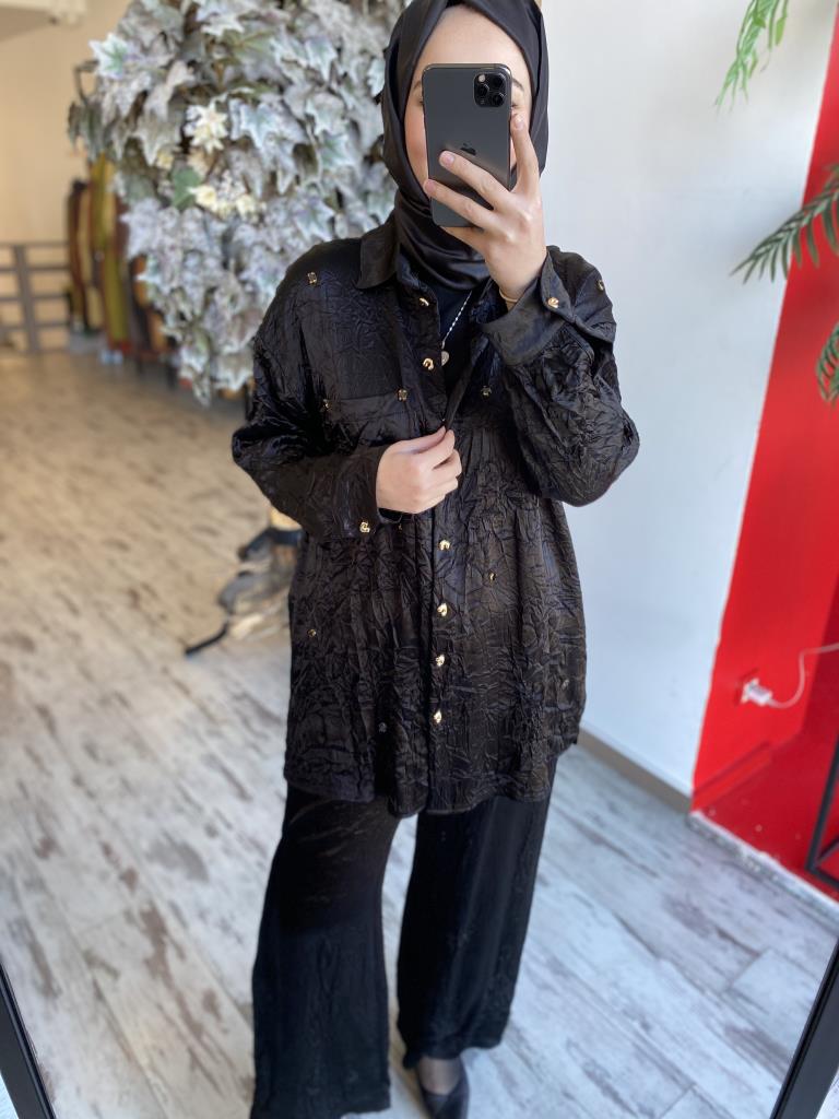 Ghisa Kırışık Saten Gömlek Pantolon Takım 4843