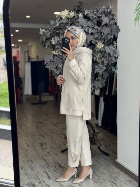 Gırasolem Luxury Kapüşonlu Yanları Fermuarlı Tunik Pantolon Takım EKRU - 40