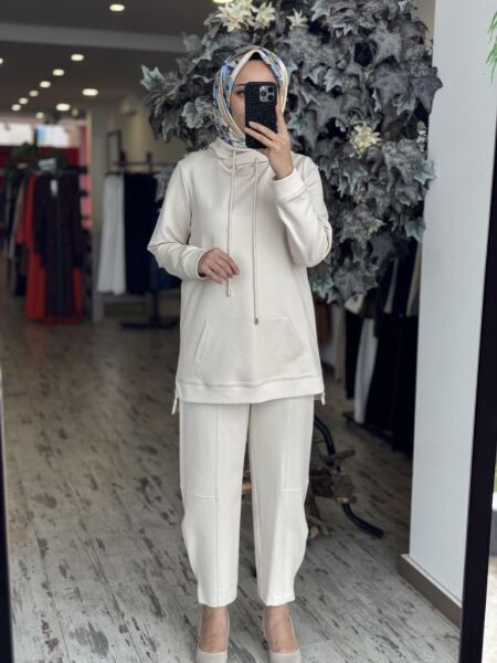 Gırasolem Luxury Kapüşonlu Yanları Fermuarlı Tunik Pantolon Takım EKRU - 40