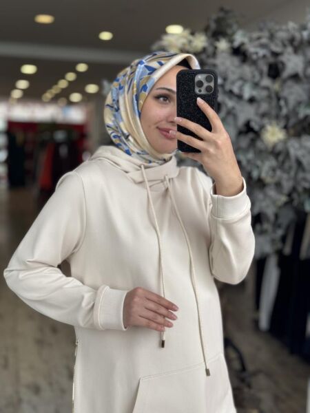 Gırasolem Luxury Kapüşonlu Yanları Fermuarlı Tunik Pantolon Takım EKRU - 40