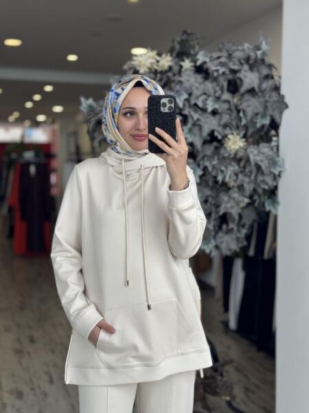 Gırasolem Luxury Kapüşonlu Yanları Fermuarlı Tunik Pantolon Takım EKRU - 42