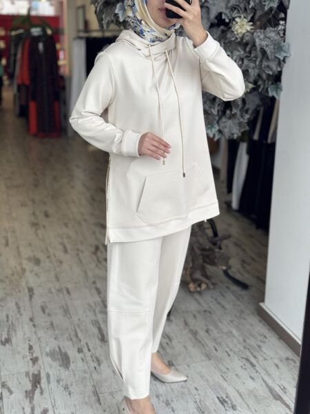 Gırasolem Luxury Kapüşonlu Yanları Fermuarlı Tunik Pantolon Takım EKRU - 42