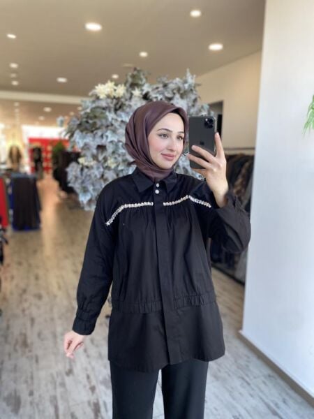 Ghisa Taş ve Büzgü Detaylı Poplin Gömlek 4864