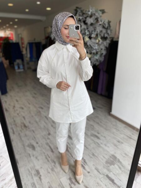 Qupra Kolları Drapeli Taş Detaylı Gömlek Pantolon Takım WAB82137 BEJ - 2