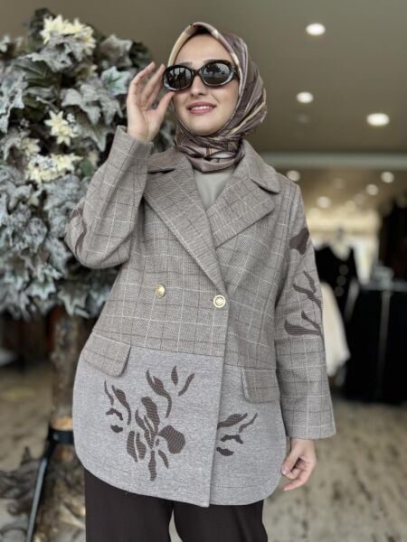 Ghisa Nakış Detaylı Ekose Yün Ceket/Pantolon Takım 3911