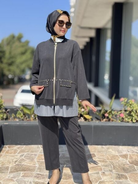 Ghisa Zımba ve Çizgili Poplin Detaylı Kap Pantolon Takım 4066