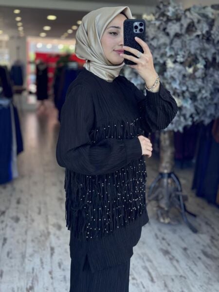 Qupra Saçak Detaylı Tencel Tunik Pantolon Takım WAB82126