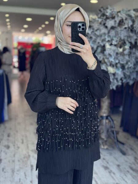 Qupra Saçak Detaylı Tencel Tunik Pantolon Takım WAB82126