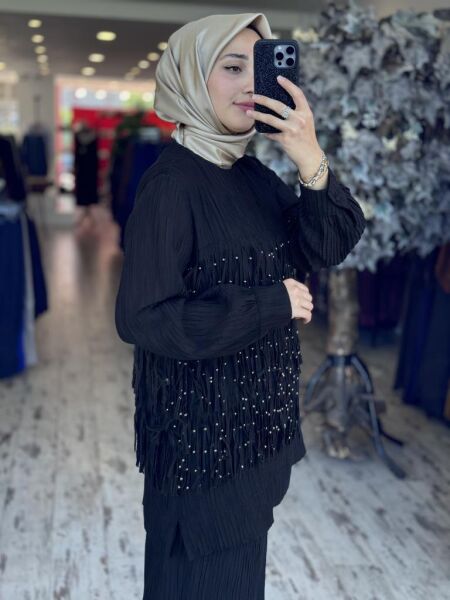 Qupra Saçak Detaylı Tencel Tunik Pantolon Takım WAB82126 SİYAH - 1