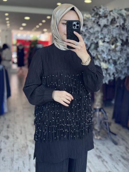 Qupra Saçak Detaylı Tencel Tunik Pantolon Takım WAB82126 SİYAH - 1