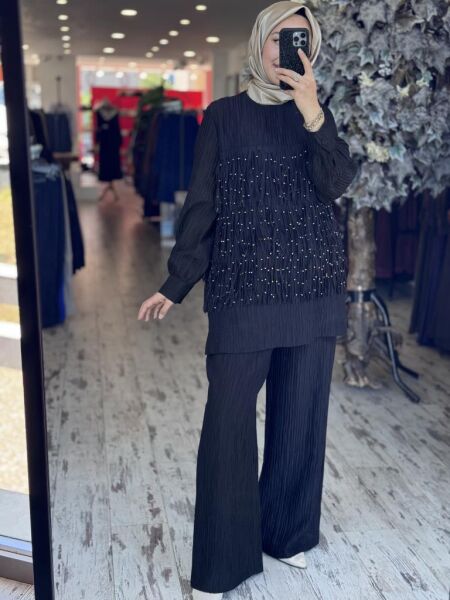 Qupra Saçak Detaylı Tencel Tunik Pantolon Takım WAB82126 SİYAH - 1
