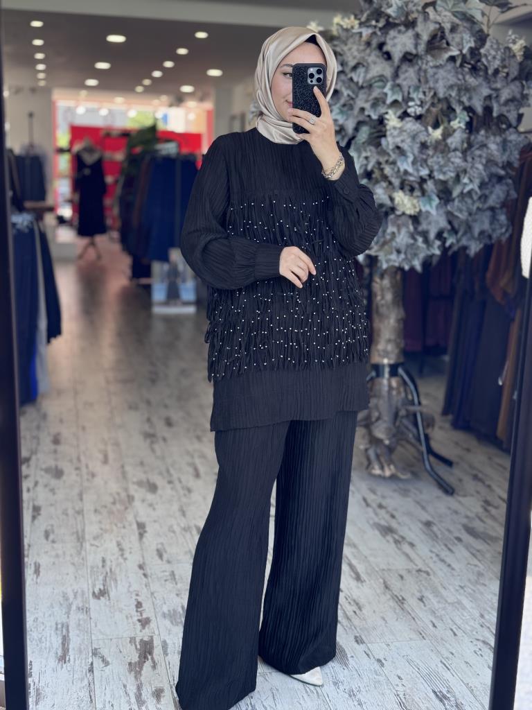 Qupra Saçak Detaylı Tencel Tunik Pantolon Takım WAB82126 SİYAH - 1