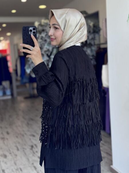 Qupra Saçak Detaylı Tencel Tunik Pantolon Takım WAB82126 SİYAH - 1