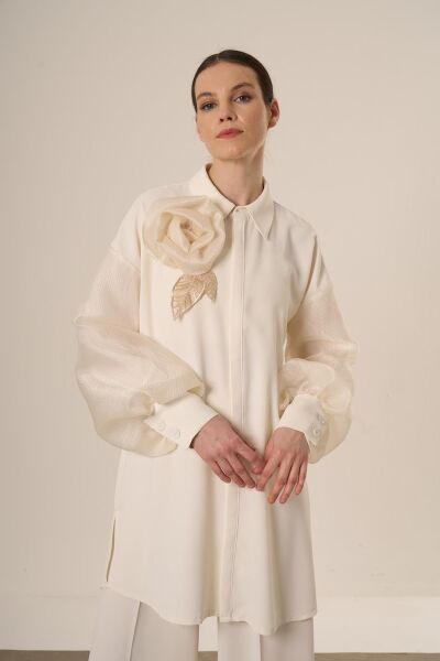 Qupra Kolları Organze Detaylı Şık Gömlek Pantolon Takım QAY62099