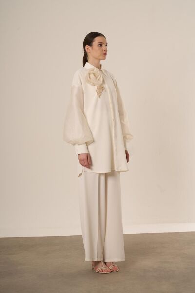 Qupra Kolları Organze Detaylı Şık Gömlek Pantolon Takım QAY62099