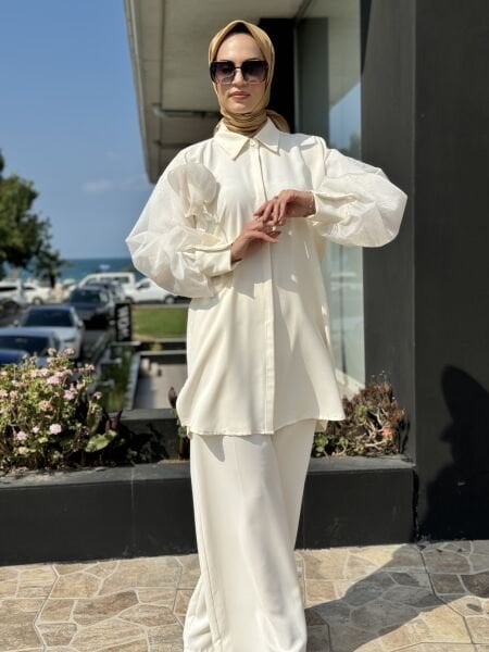 Qupra Kolları Organze Detaylı Şık Gömlek Pantolon Takım QAY62099