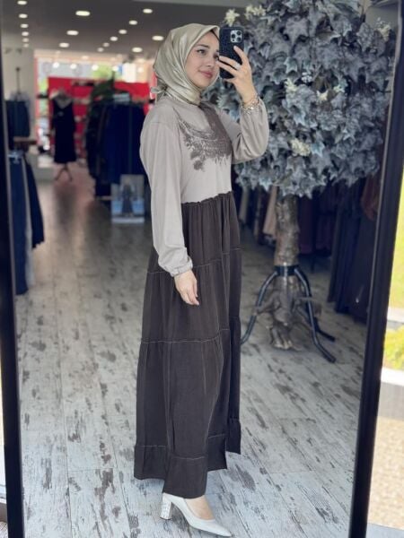 Misswhence Çanta Aksesuarlı Baskılı Modal İpek Elbise 37834 KAHVE - 38