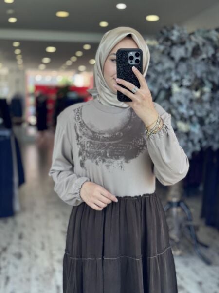 Misswhence Çanta Aksesuarlı Baskılı Modal İpek Elbise 37834 KAHVE - 38