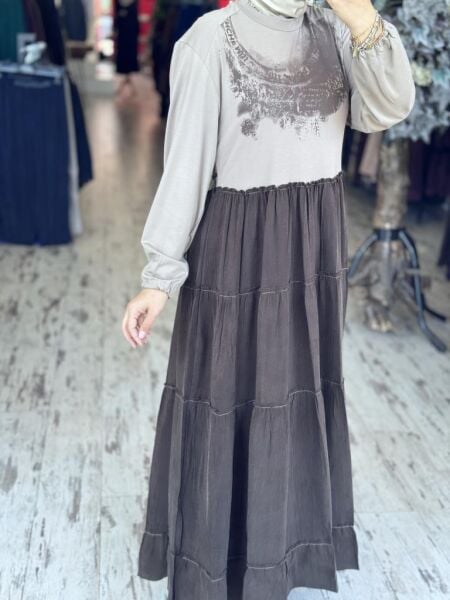 Misswhence Çanta Aksesuarlı Baskılı Modal İpek Elbise 37834 KAHVE - 38