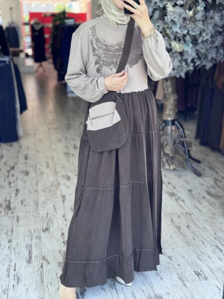 Misswhence Çanta Aksesuarlı Baskılı Modal İpek Elbise 37834 KAHVE - 38