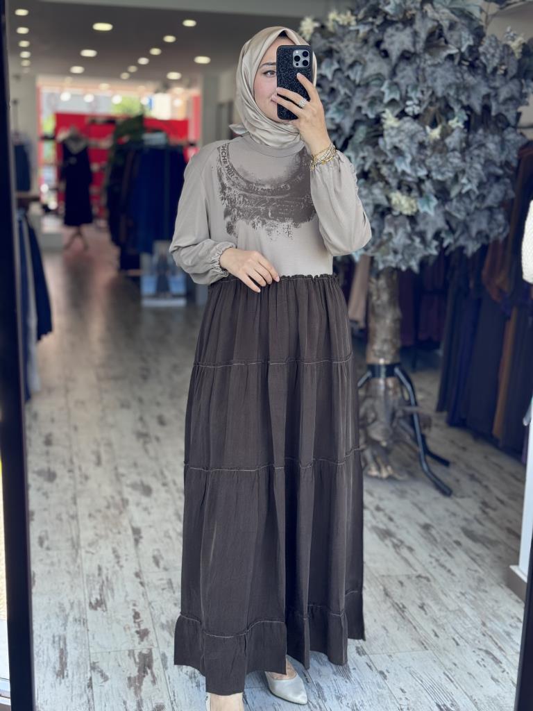 Misswhence Çanta Aksesuarlı Baskılı Modal İpek Elbise 37834 KAHVE - 42