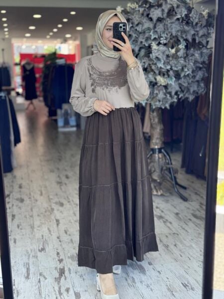 Misswhence Çanta Aksesuarlı Baskılı Modal İpek Elbise 37834 KAHVE - 36