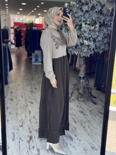 Misswhence Çanta Aksesuarlı Baskılı Modal İpek Elbise 37834 KAHVE - 36