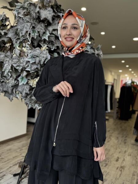 Misswhence 3 lü Cupra İpek Ceket Tunik Pantolon Takım 37205 SİYAH - 38