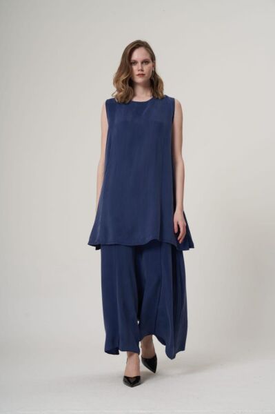 Misswhence 3 lü Cupra İpek Ceket Tunik Pantolon Takım 37205 İNDİGO - 40