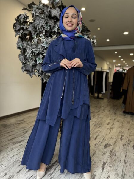 Misswhence 3 lü Cupra İpek Ceket Tunik Pantolon Takım 37205 İNDİGO - 40