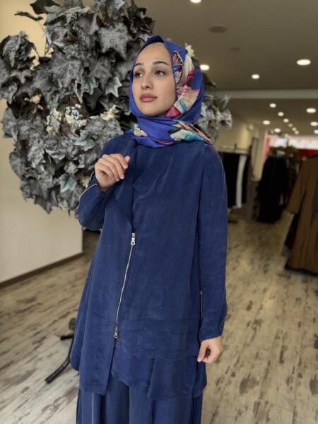 Misswhence 3 lü Cupra İpek Ceket Tunik Pantolon Takım 37205 İNDİGO - 40