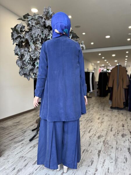 Misswhence 3 lü Cupra İpek Ceket Tunik Pantolon Takım 37205 İNDİGO - 40