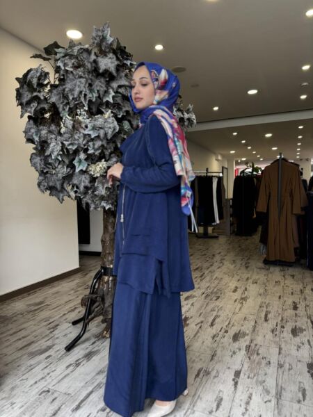 Misswhence 3 lü Cupra İpek Ceket Tunik Pantolon Takım 37205 İNDİGO - 42