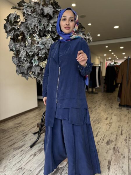Misswhence 3 lü Cupra İpek Ceket Tunik Pantolon Takım 37205 İNDİGO - 42