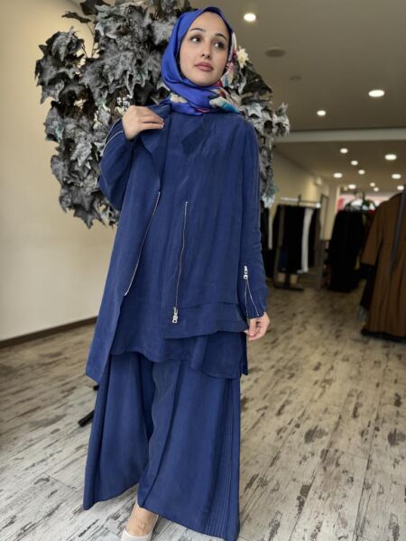 Misswhence 3 lü Cupra İpek Ceket Tunik Pantolon Takım 37205 İNDİGO - 42