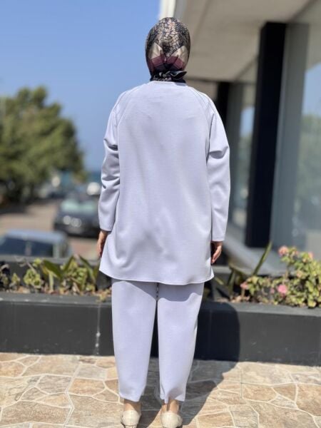 Tığ Triko Metal Süslemeli Nervürlü Tunik Pantolon Takım TKM3043