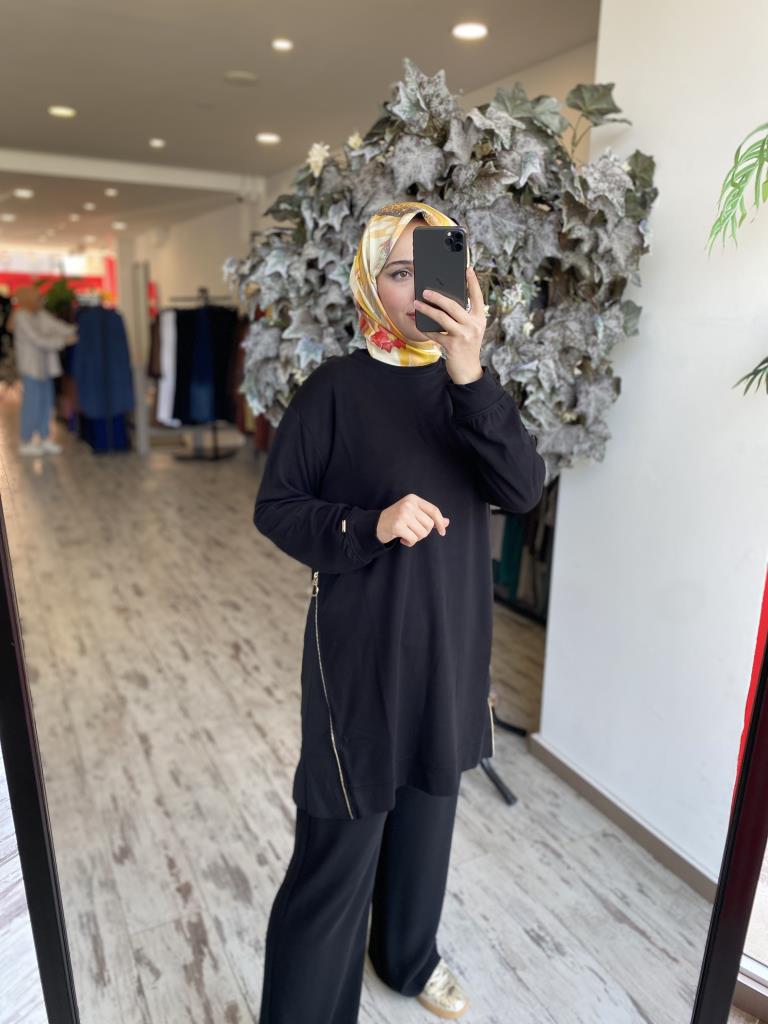 İNVEE Yanları Fermuarlı Penye Tunik 7047 SİYAH - 2