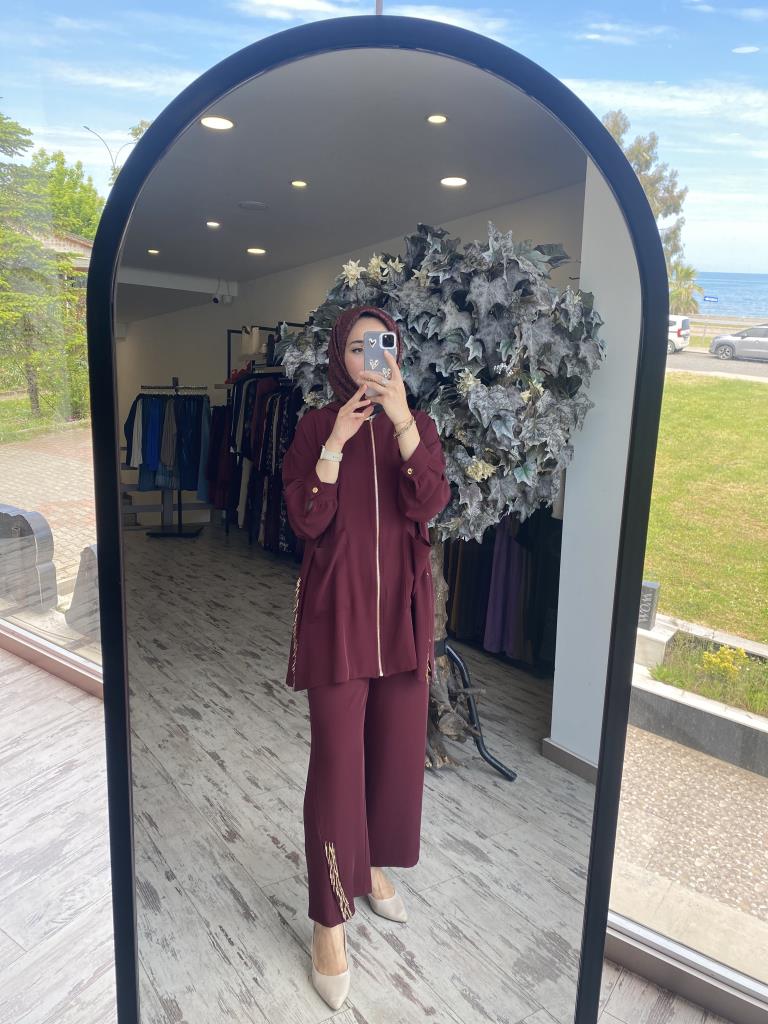 Ghisa Boncuk Detaylı Fermuarlı Kap Pantolon Takım 4886 BORDO - 1