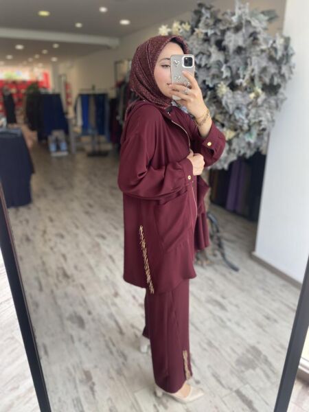 Ghisa Boncuk Detaylı Fermuarlı Kap Pantolon Takım 4886 BORDO - 1