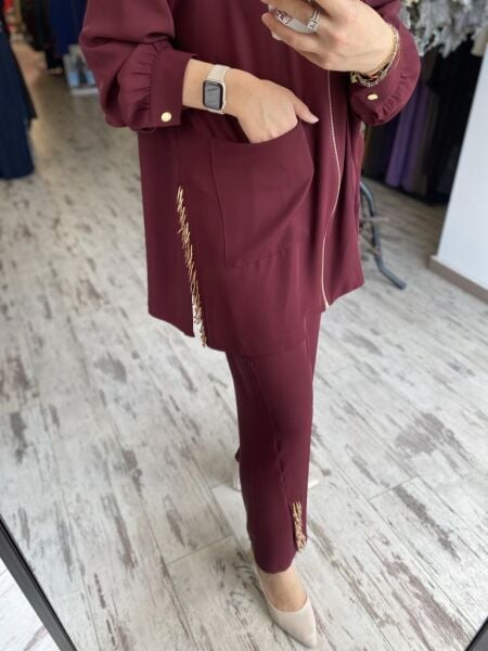 Ghisa Boncuk Detaylı Fermuarlı Kap Pantolon Takım 4886 BORDO - 1