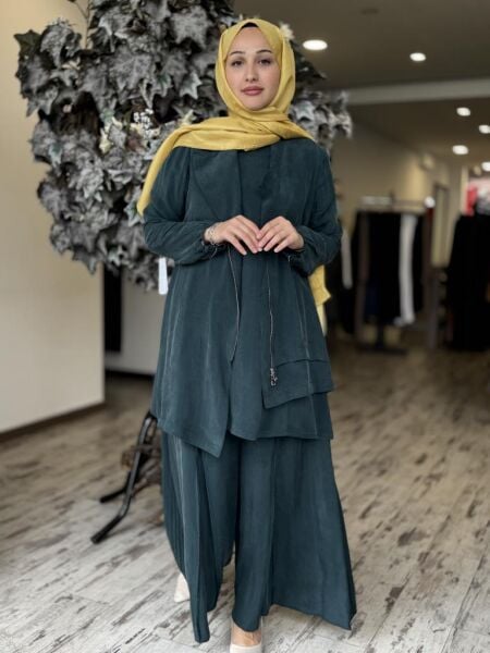 Misswhence 3 lü Cupra İpek Ceket Tunik Pantolon Takım 37205 ZÜMRÜT - 40