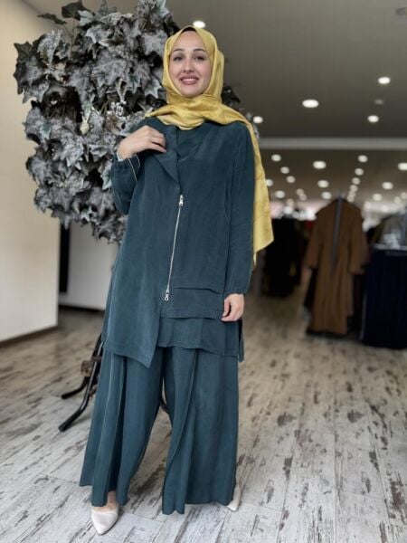 Misswhence 3 lü Cupra İpek Ceket Tunik Pantolon Takım 37205 ZÜMRÜT - 40