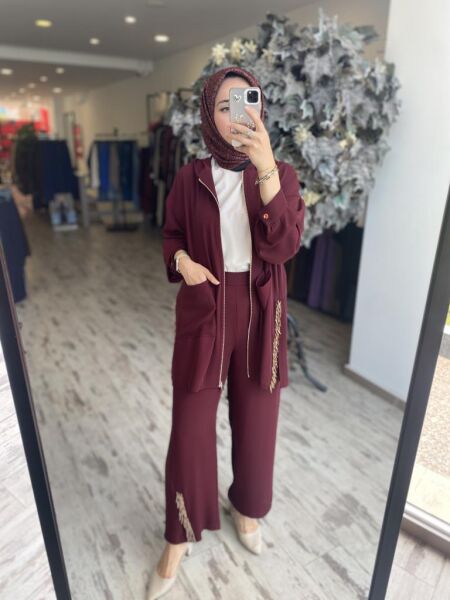 Ghisa Boncuk Detaylı Fermuarlı Kap Pantolon Takım 4886 BORDO - 2