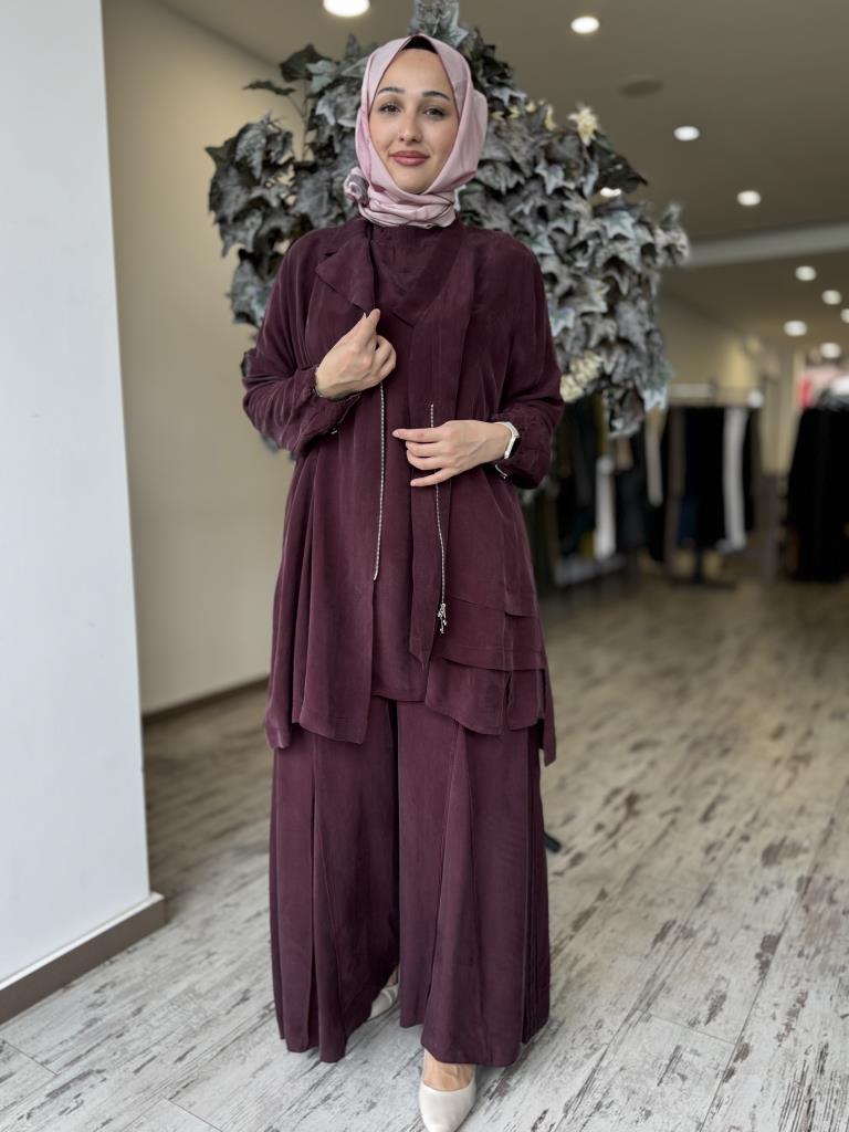 Misswhence 3 lü Cupra İpek Ceket Tunik Pantolon Takım 37205 BORDO - 36