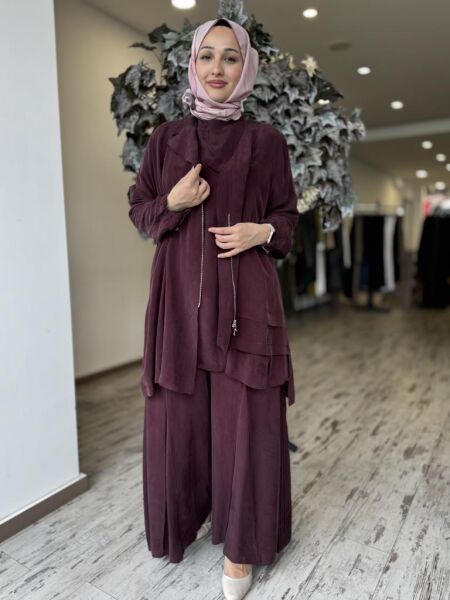 Misswhence 3 lü Cupra İpek Ceket Tunik Pantolon Takım 37205 BORDO - 36